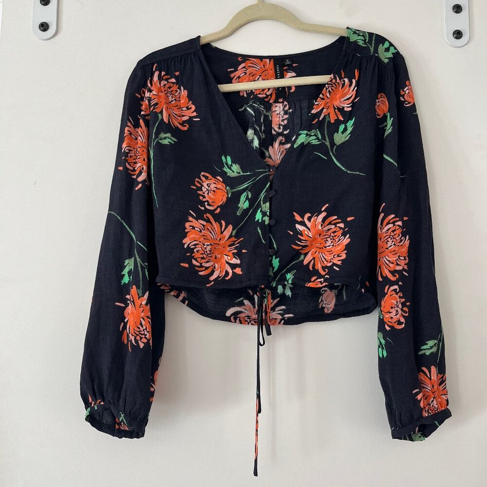 Long Sleeve Navy/Orange floral blouse tie front Small